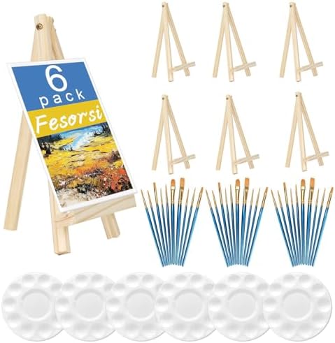 Mini Easels 6 Pack, Small Easels for Painting 24cm/9 Inch, Folding Design, Small Easel with 6 Palettes and 30 Brushes, Suitable for Outdoor Painting Party by Fesorsi