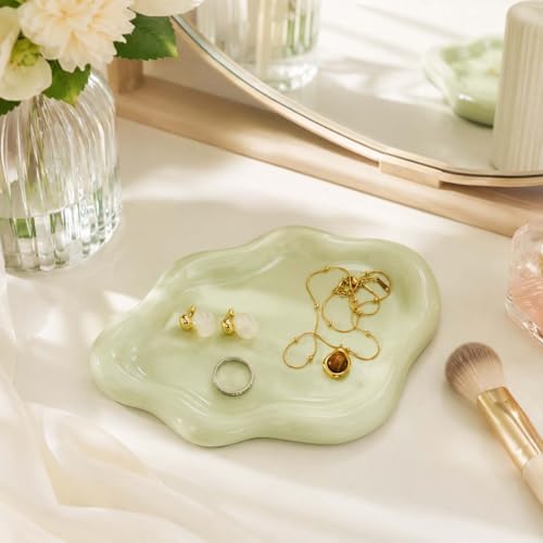 Gifts For Women Green Cloud Ceramic Jewelry Dish Tray, Vanity Ring Dish Ceramic Trinket Ring Holder, Room Decor Aesthetic,Decorative Cloud Vanity Key Tray Present for Wife Mom Daughter (Cloud-Green) - Image 3