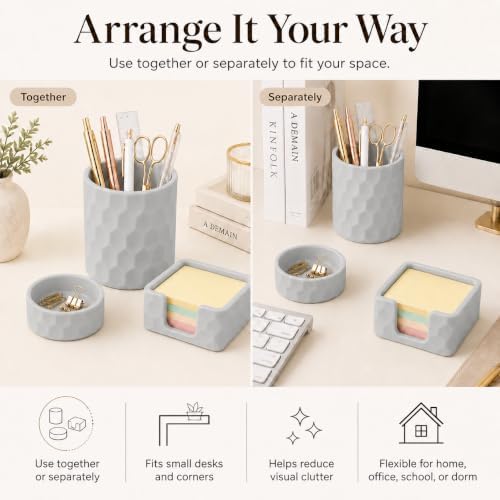 Aesthetic Geometric Silicone Desk Organizer Set of 3,Modern Office Desk Accessories with Round Pen Holder,Paperclip Tray,Sticky Note Holder,Stylish Functional Desk Decor for Home Office(Grey) - Image 3