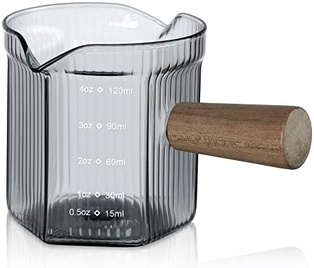 Joeyan 4 oz Grey Double Spouts Measuring Triple Pitcher Milk Cup with Wood Handle,Ribbed High Borosilicate Glass Measuring Cup, Espresso Shot Glasses by JoeyanHousehold