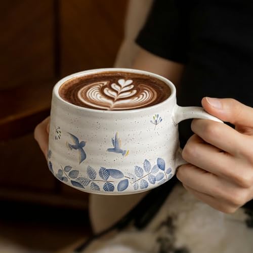 14OZ Ceramic Latte Mug, Cute Flower Coffee Mug For Women With Lid And Spoon, Retro Floral Cup For Green Tea OR Coffee,Hand Painted Floral Design Pottery Cute Mug (white) - Image 2