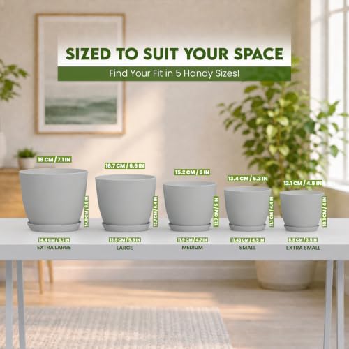 Plant Pots Indoor with Drainage, 5 Pack Multi-Size Planters Set, Grey - Image 2