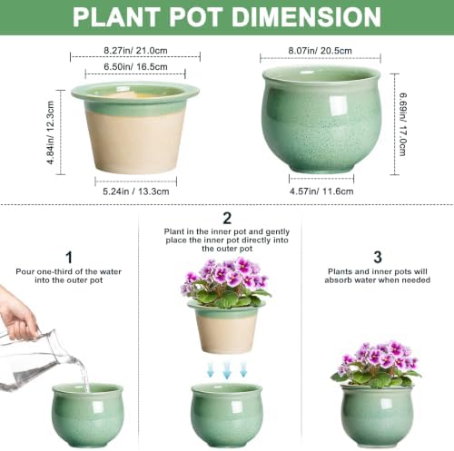Ceramic Self Watering Planter, 8 Inch African Violet Pots, Green - Image 2