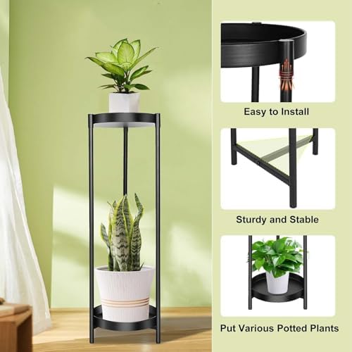 Plant Stand Indoor Outdoor, 24 Inch 2 Tier Metal Plant Stand, Black - Image 4