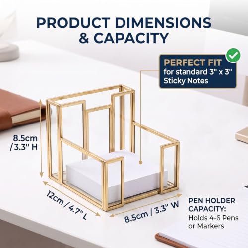 Gold Glass Sticky Note Holder with Pen Slot for 3x3 Inch Pads - Image 2