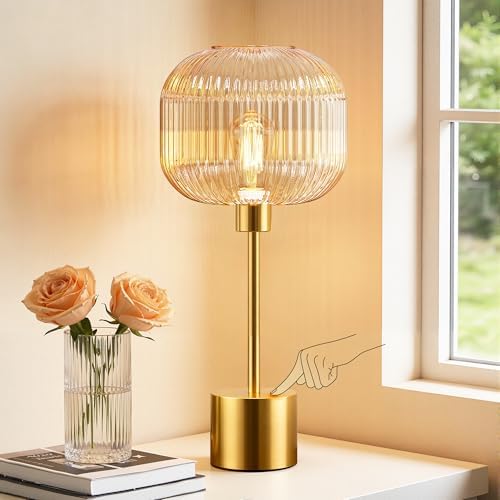 QiMH Glass Table Lamp for Living Room, Modern Bedside Lamp with Champagne Ribbed Glass Shade, 3-Way Dimmable Touch Control Nightstand Lamp for Bedroom, Brushed Gold (2700K LED Bulb Included) by Qimh