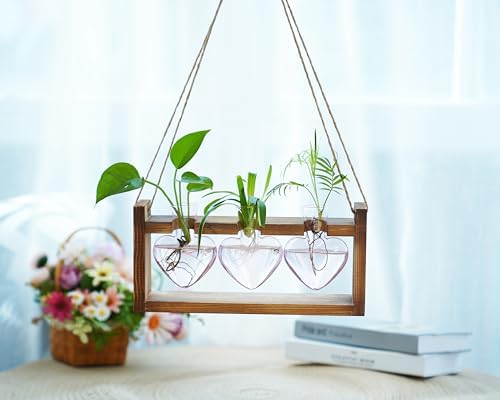 Kingbuy 3-Heart Plant Terrarium Kit with Vintage Wood Stand - Stained Glass Vase Propagation Station, Wall-Mounted & Tabletop Indoor Decor for Home Kitchen Wedding Gift, Light Pink - Image 3