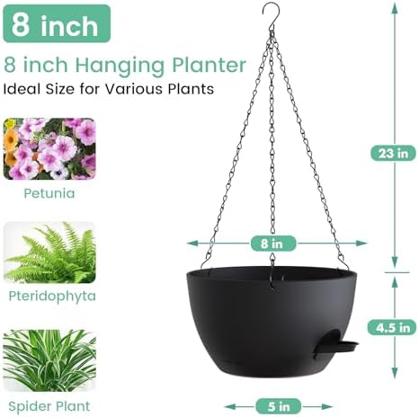 UOUZ 4 Pack 8 Inch Self Watering Hanging Planters for Indoor Outdoor Plants，Hanging Pots for Plants with Drainage Removable Tray, Hanging Baskets Flower Pots for Ivy Pothos Spider Garden Porch Black - Image 3