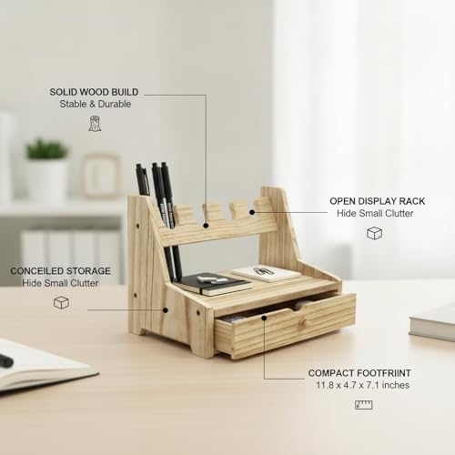 Solid Wood Desktop Organizer with Drawer, Compact Desk Caddy for Pens & Accessories, Space-Saving Display Rack for Home Office (Brown) - Image 5