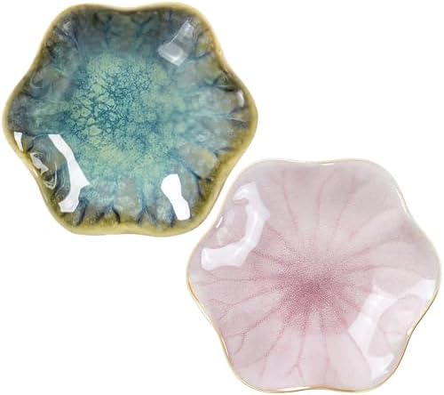 2Pcs Ceramic Jewelry Dish - Lotus Leaf Shape, for Ring Holder Necklace Small Key, Suitable for Mother Friend Sister, Gifts for Women, Cute Plate Trinket Tray, Home Decor (Crystal Green & Pink) by Koyzsen