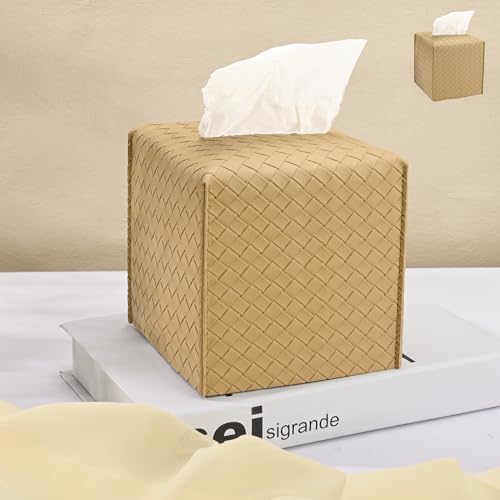 HOMOTEK 2 Pack Tissue Box Cover, Square PU Leather Tissue Holder, Decorative Facial Tissue Cube Paper Organizer Dispenser for Bathroom, Night Stands, Desk, Car 5X5X5'' - Woven Waffle,Camel by HOMOTEK