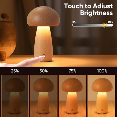 LONRISWAY Wooden Mushroom Lamp for Bedroom, Portable Cordless Small Rechargeable Battery Operated Lamp,Stepless Dimming, Night Light for Birthday Gifts - Image 3