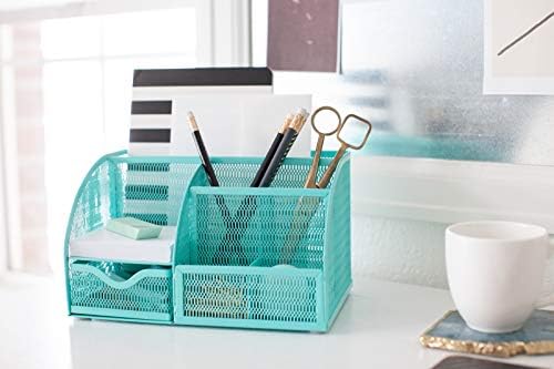 BLU MONACO Aqua Desk Organizer | Metal Turquoise Stationery Holder With Drawer and Compartments | Desktop Storage for School, Bedroom, Locker and Home | 5.5”D x 8.6”W x 5”H Accessory Caddy - Image 4
