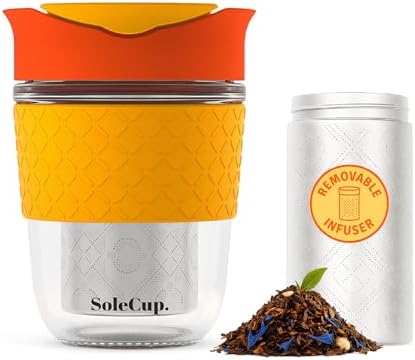 Travel Mug Loose Tea Infuser - Detachable Tea Strainer with Spillproof Lid - BPA-Free Reusable Glass Travel Coffee Cup with Silicone Band (Red, 12oz) by SoleCup