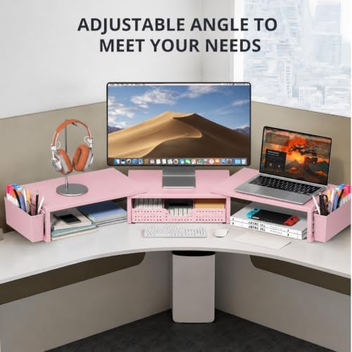 OPNICE Desk Organizers and Accessories, Dual Monitor Stand Riser with Drawer and 2 Pen Holders, Desk Shelf Printer Stand for Office Workspace Organizers, Desktop Organization (Light Pink) - Image 6
