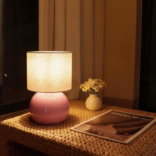 Modern Pink Table Lamp, Small Bedside Nightstand Light, 6.2X6.2X10.4 Inch, with Linen Shade and Included LED Bulb, for Bedroom Living Room - Image 4