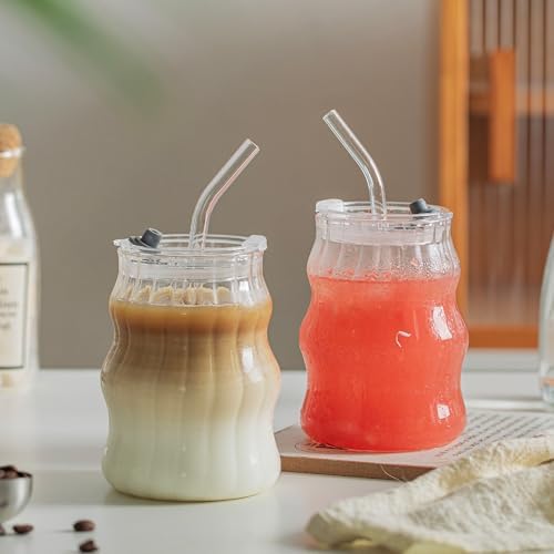 KEMORELA 4PCS Ribbed Glass Cups with Lids & Straws – 18oz Vintage Wavy Coffee Cups, Bubble Glass Aesthetic for Iced Coffee, Clear Ribbed Glasses with Straws, Ideal Drinkware Set - Image 6