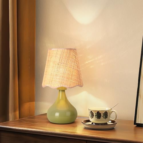 Ziqqeelam Green Cute Small Boho Table Lamp for Bedroom Bedside, Green Lamps for Nightstand, Scalloped Rattan Shade Table Lamps for Small Spaces for Bedroom, Home Office, Living Room, Kids Dorm - Image 4