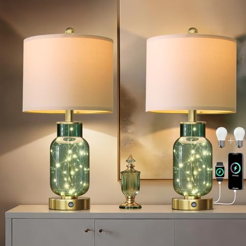 Oneach 22" Glass Table Lamps Set of 2 with Night Light for Bedroom, Green by Oneach