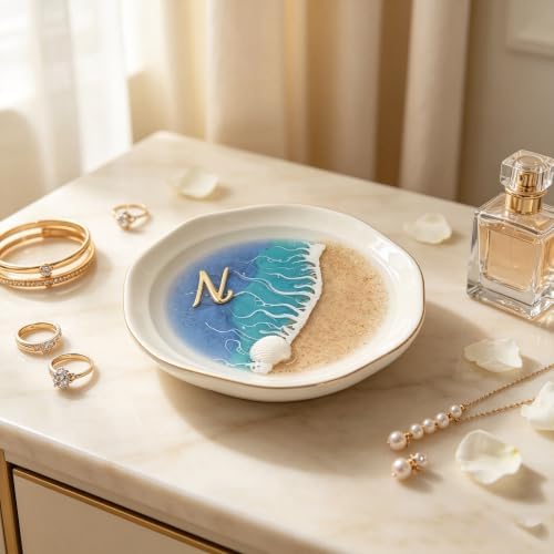 Beach Wave Jewelry Holder, Ocean Resin Ceramic Jewelry Tray, Gold Trim Ring Dish Earring Organizer, Small Decorative Trinket Dish for Vanity Bathroom Bedroom (N) - Image 2