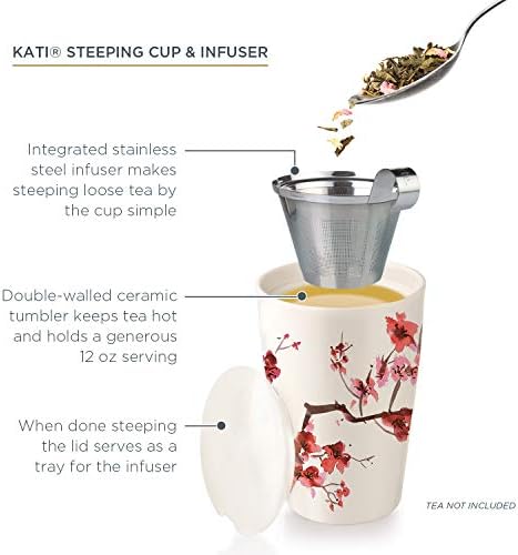 Tea Forte Double-Walled Ceramic Kati Cup, Removable Stainless Steel Infuser Basket and Lid, Steeps 12 oz Loose Leaf Tea, Dishwasher & Microwave Safe, Cherry Blossom - Image 5