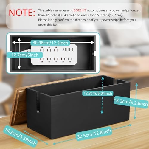 Bivvclaz Cable Management Box Medium, Wooden Cord Organizer Box for Desk, Floor, Office to Hide Extension Cords Power Stripes Surge Protectors Chargers Wires, Black - Image 2