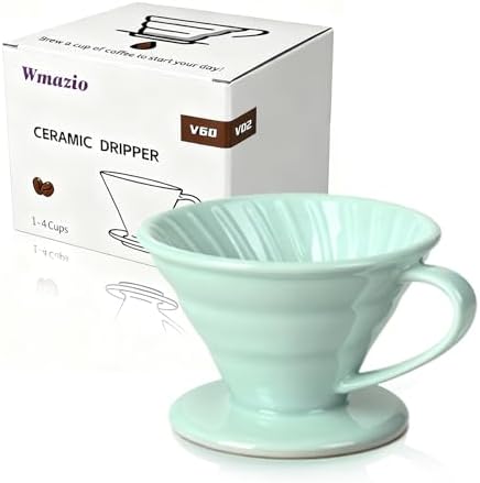 Pour Over Coffee Dripper - Ceramic Cup, Pour Over Coffee Maker Cone, Porcelain Cone, Easy Manual Brew Maker - Strong Flavor Brewer for Home, Cafe, Office - 1-4Cup, V60 Size 02 (Lake Green) by Wmazio