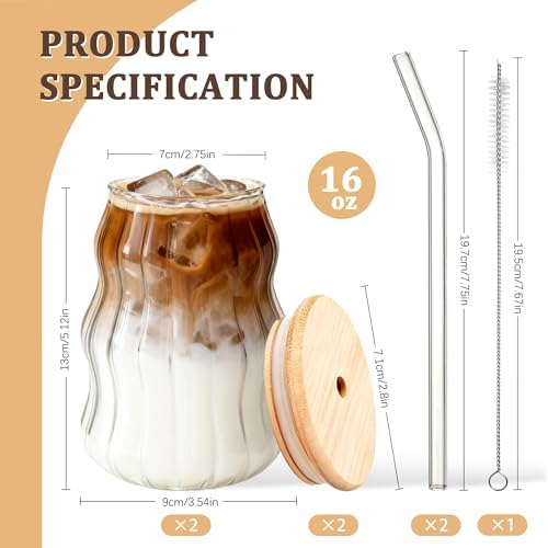 2 Packs Cute Glass Tumbler with Lid and Straw 16 oz Ice Coffee Cup Set for Smoothie Slushie Juice Matcha Tea Latte Cappuccino Espresso Hot Coffe Water Reusable Clear Travel Boba Aesthetic Drinking Mug - Image 2