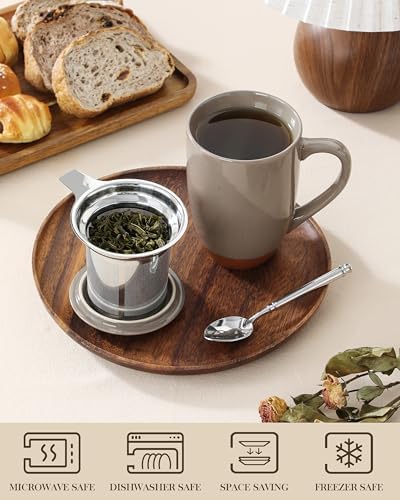 MALACASA Ceramic 18 oz Tea Mug with Lid and Infuser, Khaki Brown - Image 4