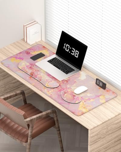 Auhoahsil Large Mouse Pad with Wrist Rests for Keyboard & Mouse, Thick Soft Ergonomic Memory Foam Wrist Supports, Big & Long Desk Mat 35.5 x 15.7 in, for Office Gaming Computer, Pink Gold Marble - Image 2