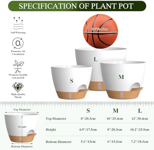 Self Watering Pots with Drainage Holes, 3 Pack 12/10/8 Inch Plant Pots with Water Level Indicator Deep Reservoir, Large Plastic Planter for Indoor Outdoor Plants - White Brown - Image 2