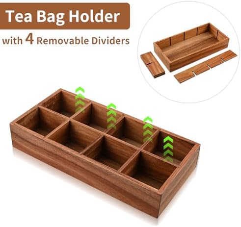 Acacia Wood Tea Bag Organizer with 8 Slots – Tea Bag Holder and Tea Organizer, Sugar Packet Storage for Countertops, Set Of Two - Image 3