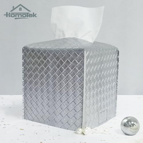 HOMOTEK 2 Pack Tissue Box Cover, Square PU Leather Tissue Holder, Decorative Facial Tissue Cube Paper Organizer Dispenser for Bathroom, Night Stands, Desk, Car 5X5X5'' - Woven Waffle, Silver - Image 4