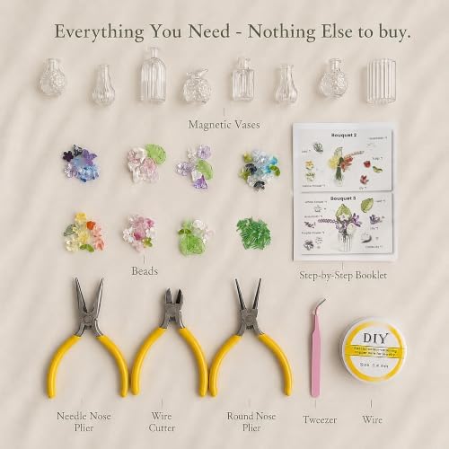 Mini Beaded Flower Bouquet Making Kit with Magnetic Vases - Refrigerator Magnet Craft Kit with 7 Color-Themed Floral Designs & Full Jewelry-Making Tools, Perfect for Home Decor & Stress Relief - Image 4