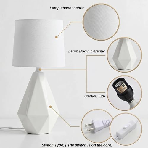 SOTTAE Modern Small Ceramic Table Lamp, White Irregular Geometric Bedside Table lamp for Bedroom,Nightstand Lamps with White Fabric Shade, Small Lamp for Kitchen Living Room - Image 3