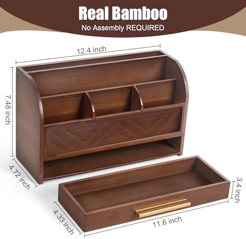 Brown Desktop Organizer with Drawer Storage, White Desk Organizer Mail Holder Mail Organizer Countertop Pen Holder Letter Sorter Make up Organizer for School Home Office Supplies - Image 4