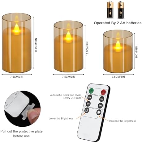 wemarry Flameless Candles 4" 5" 6" Acrylic Glass Pillars 3" Diameter Battery Operated Flickering Candles Include 8-Key Remote with Timer Function 400+ Hours (Amber, Warm Light 3 Pack) - Image 6