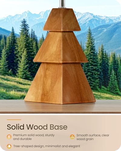Wood Table Lamp, Wood Bedside Lamp with Tree-Shaped Base & Linen Lampshade, Modern Cute Desk Lamp for Living Room, Bedroom, E26 Base, Bulb Not Included, Beige and Dark Natural LE08TL05 - Image 7