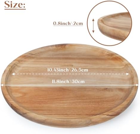 YANGQIHOME 11.8 inches Round Wood Tray, Wooden Serving Tray, Acacia Plates, Appetizer Charcuterie Board, Tray Organizer for Kitchen/Countertop, 11.8 x 11.8 x 0.8 inch - Image 2