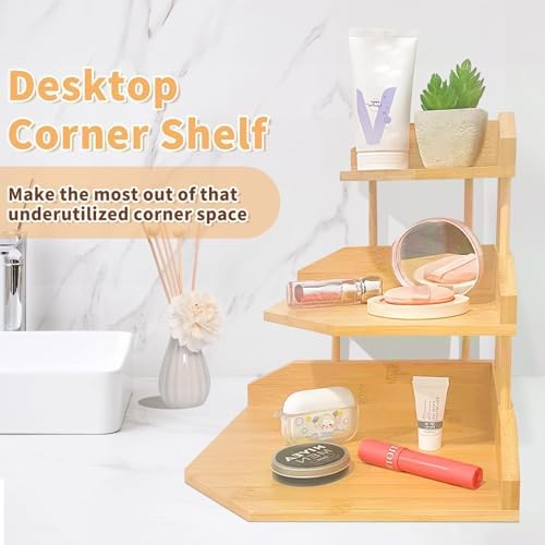Bamboo Corner Desk Organizer Shelf, 3-Tier Triangle Storage Rack for Office & Home, Space-Saving Desktop Shelf for Books, Stationery, Makeup, Small Items - Image 6