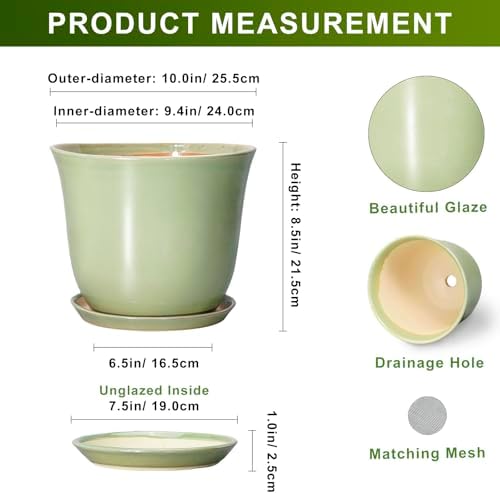 Ceramic Pots for Plants - 10 Inch Planter with Drainage Hole and Tray, Round Large Planter for Indoor Plant Outdoor, Modern Flower Pot, Garden Office Home Decor, Gift for Plant Lover, Green - Image 2