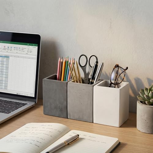 MyGift Pen Holder Pencil Holder For Desk,Pen Cup Holder For Desk,Concrete Desktop Pencil Cup,Modern Gray-Tone,Set of 3 - Image 3