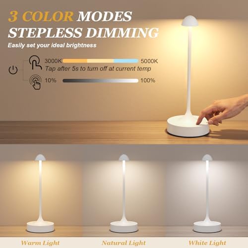 Kakanuo Rechargeable Cordless Table Lamp, Battery Operated Lamps, 3-Color Stepless Dimming, Portable Wireless Desk Lamp, LED Lighting for Dining Room, Restaurant, Office, Bar, Home(White 2 Pack) - Image 4
