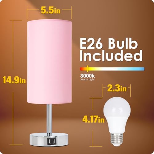 Yarra-Decor Bedside Lamp with USB Port - Touch Control Table Lamp for Bedroom 3 Way Dimmable Nightstand Lamp with Round Pink Fabric Shade for Living Room, Dorm, Home Office (LED Bulb Included) - Image 6