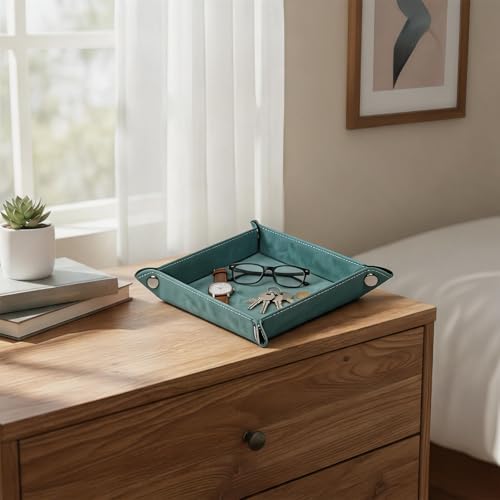 Valet Tray Desktop Storage Organizer – Vegan Leather Catchall Bedside Vanity Tray Nightstand Caddy Holder for Remote Controller, Watch, Keys, Phone, Wallet, Coin, Jewelry, Stone Green - Image 6