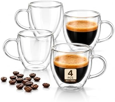 5oz Double Walled Glass Coffee Mugs with Handles, Set of 4 by SHANDERBAR+