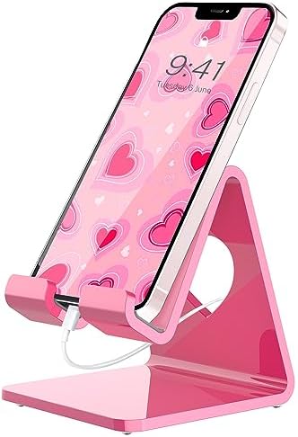 Crpich Acrylic Cell Phone Stand, Portable Phone Holder, Pink Phone Stand for Desk, Compatible with Phone16 15 14 13 12 Pro Max Mini 11 SE, Switch, Android Smartphone, Pad, Tablet, Desk Accessories by Crpich