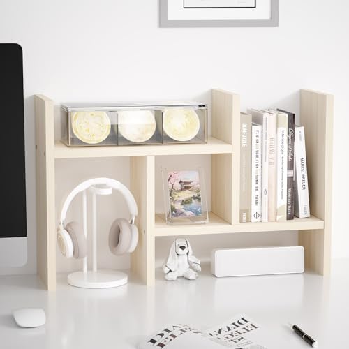 Jerry & Maggie Desktop Organizer Office Storage Rack Adjustable Wood Display Shelf Free Style Double H, Multi-Functional Mini Bookshelf for Desk Natural Stand (White Wood Tone) by JERRYMAGGIE