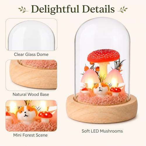 QUELIEN Mushroom Lamp in Glass Dome,Mushroom Gifts for Women - Warm White LED Night Light for Bedroom Decor,Birthday Party Decorations,Ideal Birthday Gift Valentines Gift - Image 3
