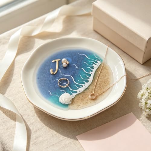 Small Bathroom Ring Dish, Ocean Resin Jewelry Tray, Ceramic Beach Wave Earring Holder, Waterproof Trinket Tray for Vanity Counter, Nightstand, Shower Side (J) by Unknown